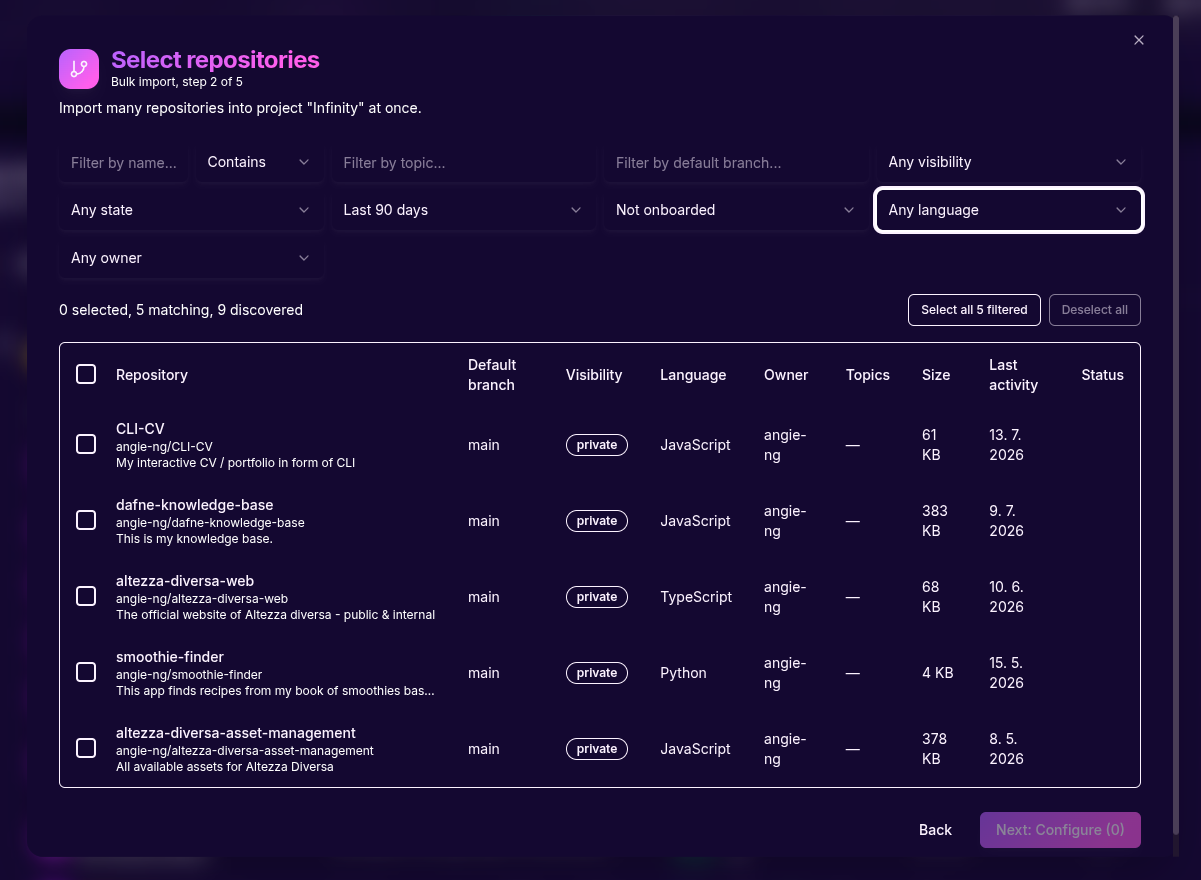 Repository bulk import wizard with source and filtering options